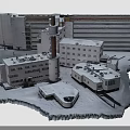 Aerial View of Snow Covered Building Complex with Tower and Parking Lot