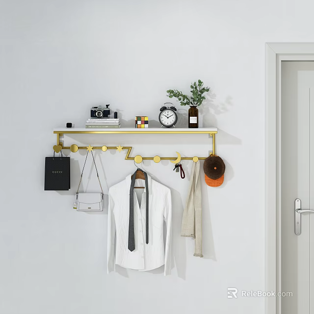 Brass Entryway Hook Rack With Hanging Coat Bags Hat Scarf And Shelf Plant Clock Camera 3d model 