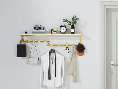 Brass Entryway Hook Rack With Hanging Coat Bags Hat Scarf And Shelf Plant Clock Camera 3d model