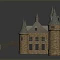 Medieval Castle Architectural Design With Stone Brick Towers Pointed Spires And Connecting Bridge