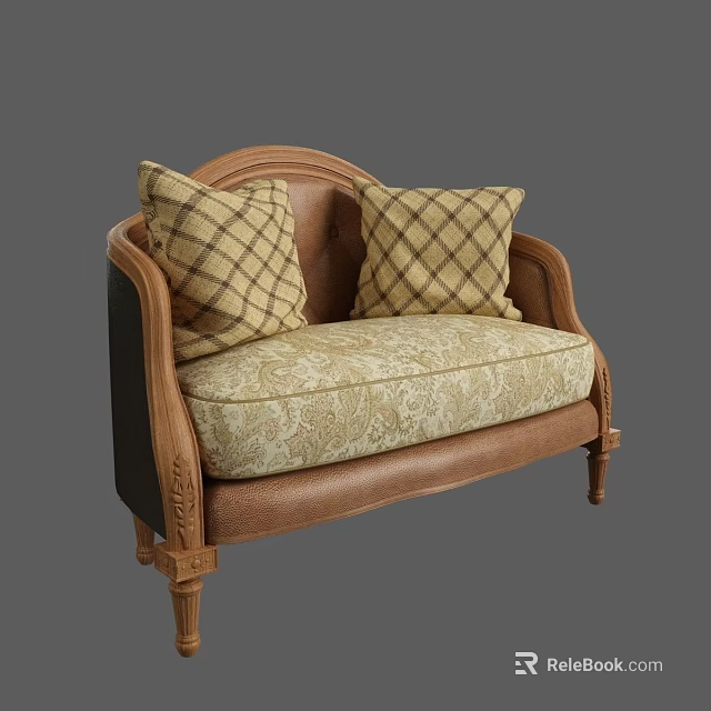 Classic Single Sofa With Wooden Frame Two Plaid Cushions And Patterned Seat Cushion 3d model