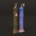 Industrial Gas Cylinders With Green And Blue Rusty Exteriors And Connecting Valves