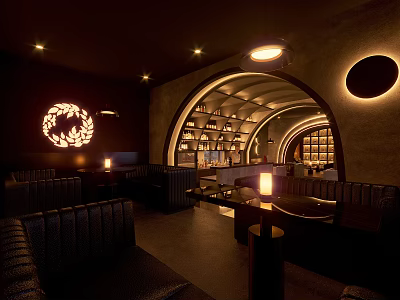 Stylish Bar Interior With Arched Design Wine Shelves And Lighting 3d model