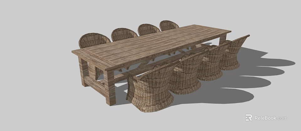 Wooden Rectangular Dining Table Set With Wicker Chairs For Natural Style 3d model 