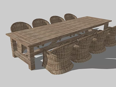 Wooden Rectangular Dining Table Set With Wicker Chairs For Natural Style 3d model