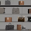 Assorted Bags and Boxes Arranged on Shelves Including Handbags Suitcases and Storage Cases
