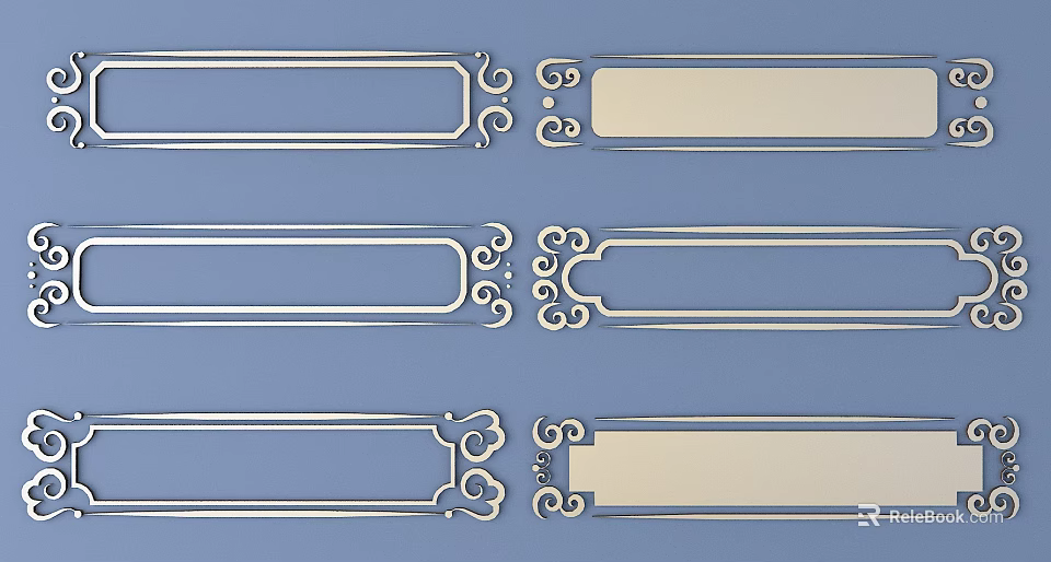 Ornate Carved Metal Decorative Strips Featuring Intricate Patterns on Blue Background 3d model 