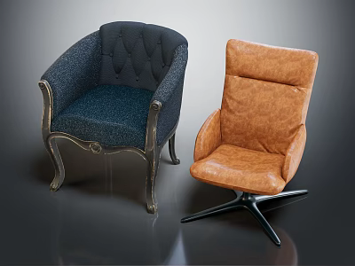 Dark Blue Button Decor Single Sofa With Metal Legs And Brown Leather Rotating Base 3d model