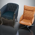 Dark Blue Button Decor Single Sofa With Metal Legs And Brown Leather Rotating Base