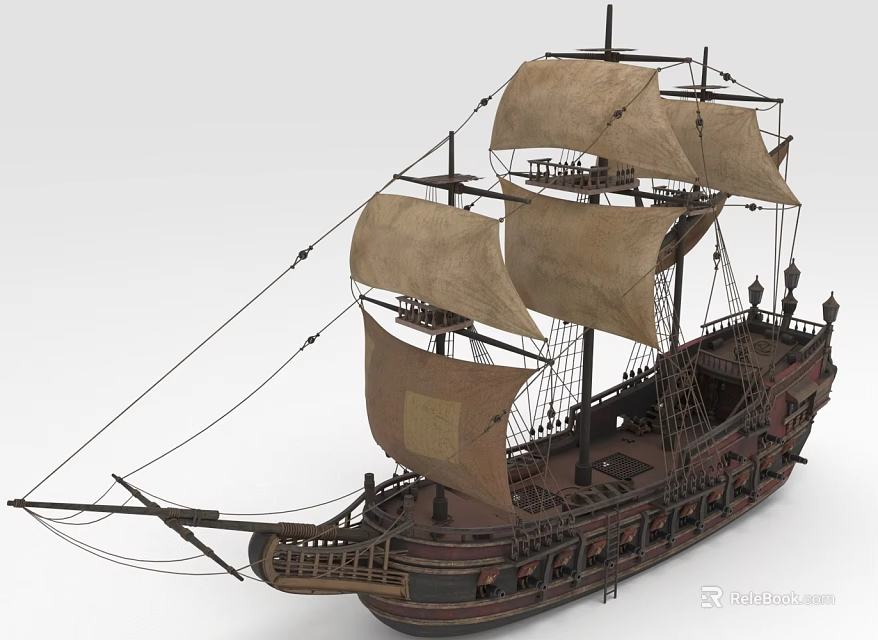 Vintage Sailing Ship With Tan Sails And Detailed Wooden Hull 3d model 
