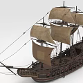 Vintage Sailing Ship With Tan Sails And Detailed Wooden Hull