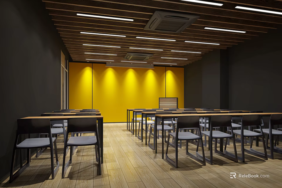 School Classroom Interior Design With Wooden Ceiling Yellow Walls And Desks Chairs 3d model 