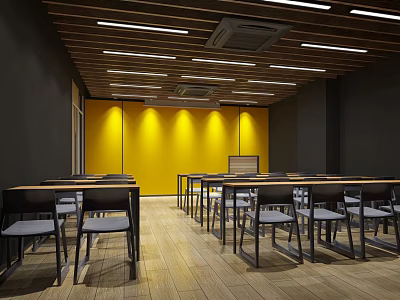 School Classroom Interior Design With Wooden Ceiling Yellow Walls And Desks Chairs 3d model