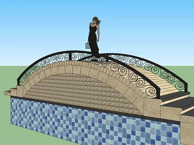 Stone Arch Bridge with Wrought Iron Scroll Railings Blue Tiled Water Base and Pedestrian 3d model