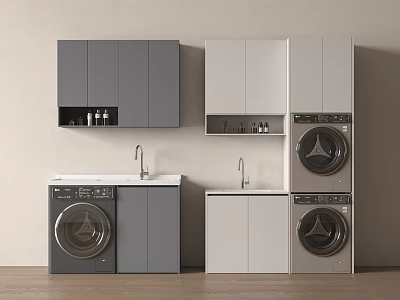 Modern Washing Machine Setup With Gray And White Cabinets And Storage Units 3d model