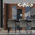 Modern Black Dining Table Set With Six Gray Chairs And Decorative Centerpiece