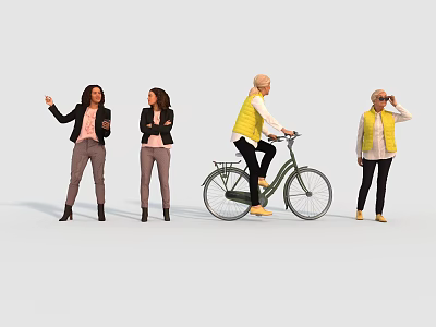 Women Standing and One Riding Bicycle in Casual Outfits with Different Poses 3d model