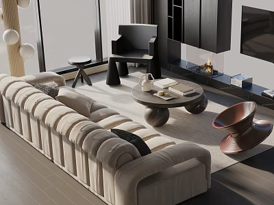 Modern Living Room With Beige Tufted Sofa And Round Wooden Coffee Table Set 3d model