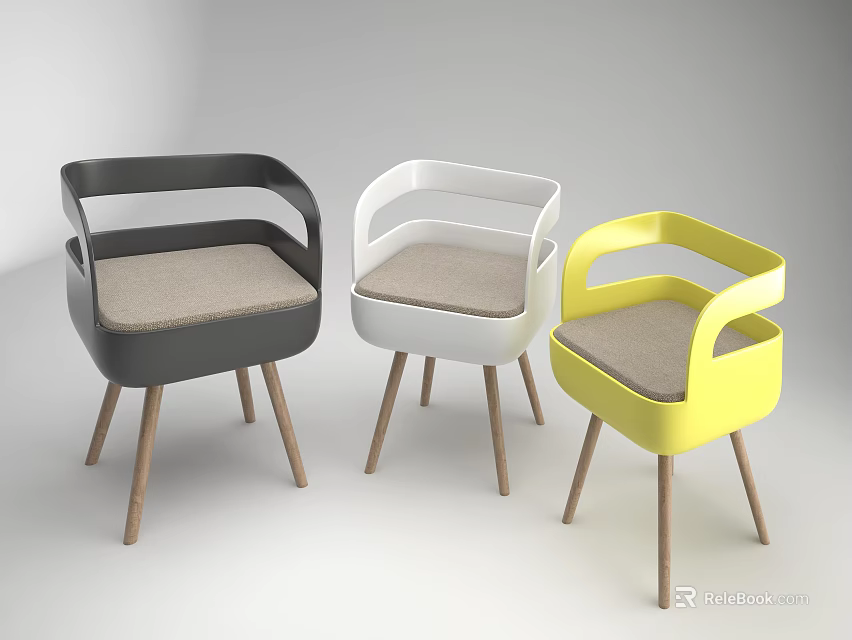 Stylish Black White Yellow Dining Chairs With Armrests Light Gray Seat Cushions And Wooden Legs 3d model 