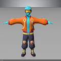 Blue Fictional Creature In Orange Jacket With Yellow Goggles Torn Dark Pants And Arms Outstretched
