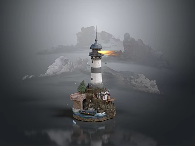 Rustic Wooden Furniture In Lighthouse Base Cottage With Water View And Misty Surroundings 3d model