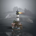 Rustic Wooden Furniture In Lighthouse Base Cottage With Water View And Misty Surroundings