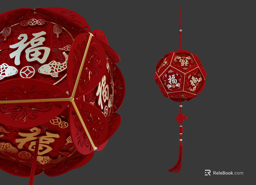 Red Chinese Paper Cut Lantern with Fu Character Patterns and Tassel Decoration 3d model 
