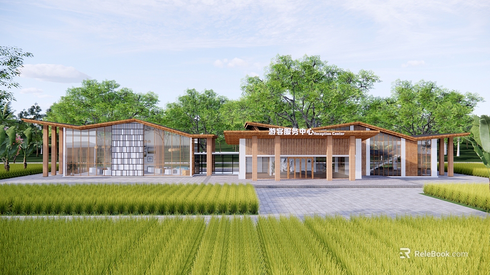 Scenic Visitor Center With Modern Wooden Structure Glass Facade Green Trees And Rice Fields 3d model 