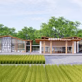 Scenic Visitor Center With Modern Wooden Structure Glass Facade Green Trees And Rice Fields