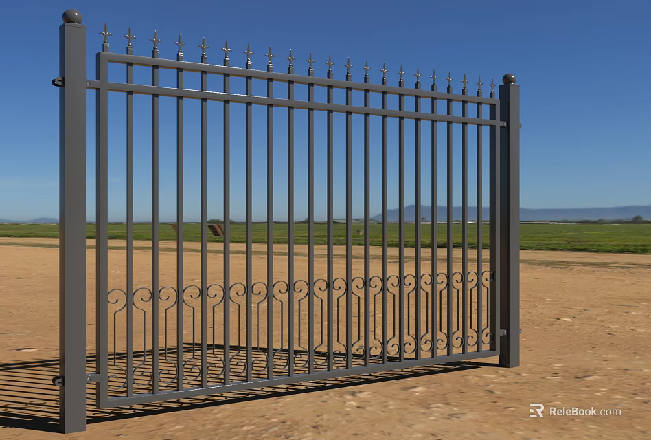 Black Metal Fence With Decorative Spiked Top And Curved Patterns In Rural Field 3d model 