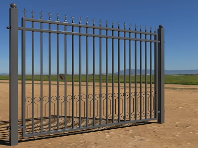 Black Metal Fence With Decorative Spiked Top And Curved Patterns In Rural Field 3d model