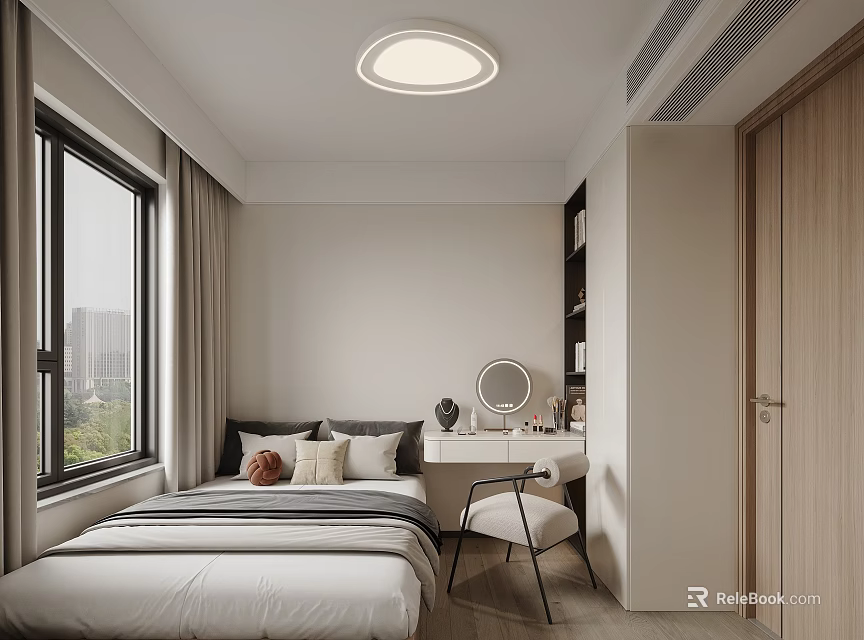 Tatami Bedroom Interior Design With Natural Light Window Desk Chair And Mirror 3d model 