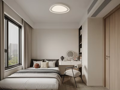 Tatami Bedroom Interior Design With Natural Light Window Desk Chair And Mirror 3d model