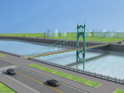 Green Suspension Bridge Over Water With Cars On Road And City Skyline Background 3d model