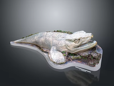 Detailed Crocodile Model with Scaly Skin Open Jaws Surrounded by Plants Rocks on Display Stand 3d model