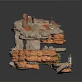 Rock Cave Hut Structure With Layered Stone Roof Green Area And Orange Base