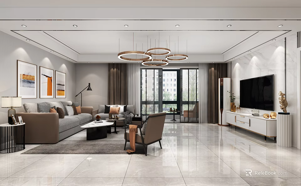 Modern Living And Dining Room Interior With Sofa Coffee Table TV Chandeliers And Windows 3d model 