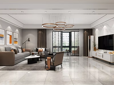 Modern Living And Dining Room Interior With Sofa Coffee Table TV Chandeliers And Windows 3d model