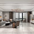 Modern Living And Dining Room Interior With Sofa Coffee Table TV Chandeliers And Windows
