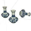 Blue and white ceramic vases with floral patterns three pieces two upright one lying 3d model