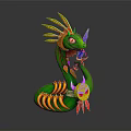 Vibrant Green Snake Like Game Movie Character With Orange Yellow Feathered Head And Red Eyes