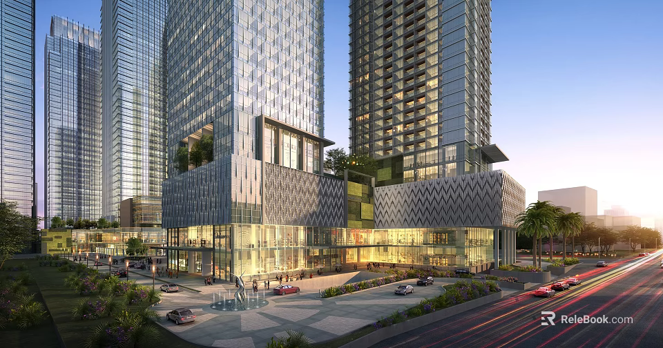 Modern High Rise Office Building with Glass Curtain Wall Commercial Space and Landscaping 3d model 