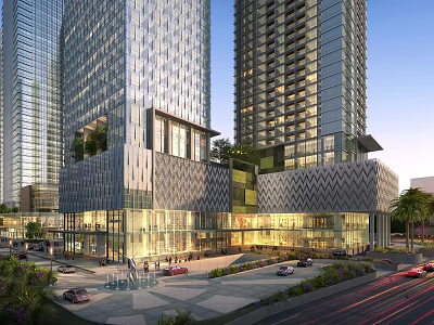 Modern High Rise Office Building with Glass Curtain Wall Commercial Space and Landscaping 3d model