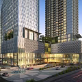 Modern High Rise Office Building with Glass Curtain Wall Commercial Space and Landscaping