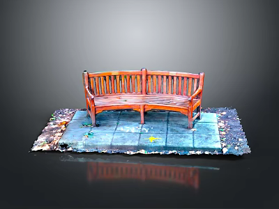 Wooden Outdoor Bench With Curved Back On Stone Slab Floor With Fallen Leaves 3d model