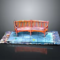 Wooden Outdoor Bench With Curved Back On Stone Slab Floor With Fallen Leaves