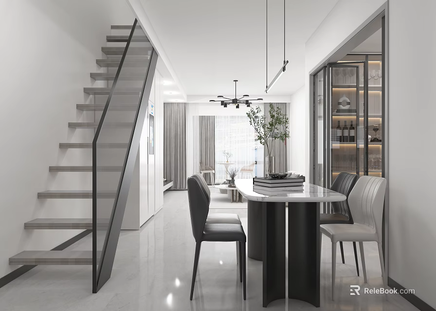 Modern Dining Living Room Interior Design With Glass Staircase Chandelier Dining Table Chairs And Plant 3d model 