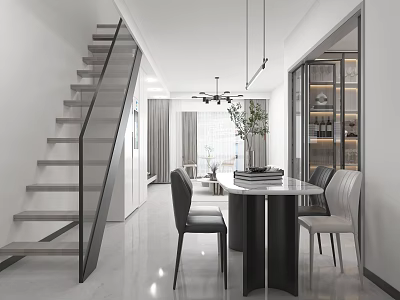 Modern Dining Living Room Interior Design With Glass Staircase Chandelier Dining Table Chairs And Plant 3d model