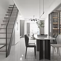 Modern Dining Living Room Interior Design With Glass Staircase Chandelier Dining Table Chairs And Plant