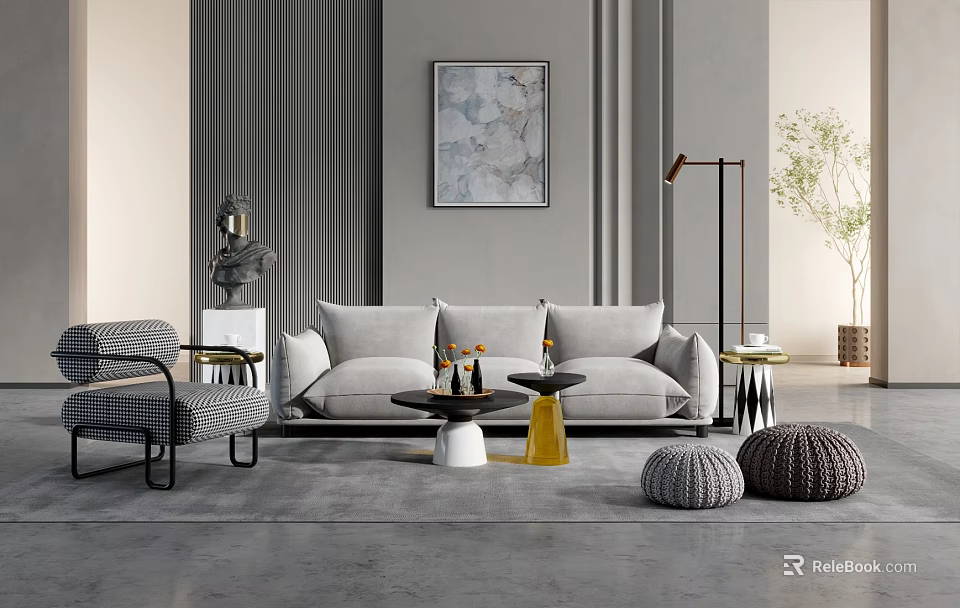 Modern Living Room With Gray Sofa Coffee Table Set Artwork Floor Lamp And Ottomans 3d model 